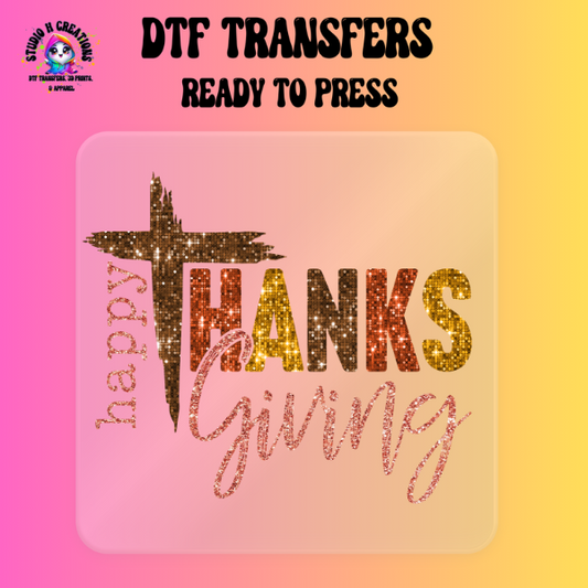 Glitter Happy Cross Thanksgiving DTF Transfer Ready to Press 148