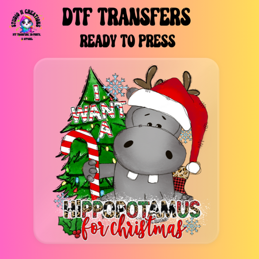 Hippopotamus for Christmas DTF Transfer Ready to Press 125